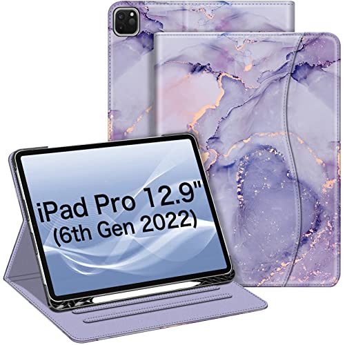Fintie Hülle für iPad Pro 12.9 Zoll 2022 (6. Generation) / iPad Pro 12.9 2021/2020/2018 mit Stifthalter, Multi-Winkel Betrachtung Folio Stand Schutzhülle mit Dokumentschlitze, Marmor Lila von FINTIE