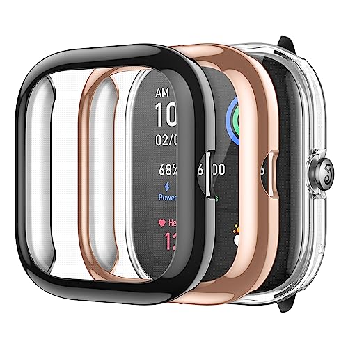 Fintie Hülle kompatibel mit Amazfit GTS 4 Mini, [3 Stück] Ultradünne Leichte Displayschutz Schutz Gehäuse Abdeckung, 1 Schwarz + 1 Klar + 1 Roségold von Fintie