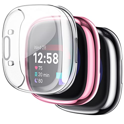 Fintie Hülle kompatibel mit Fitbit Versa 4 / Sense 2 Smartwatch Schutzhülle [3 Stück] Ultradünne Leichte Displayschutz Schutz Gehäuse Abdeckung, Schwarz + Rosa + Transparent von Fintie