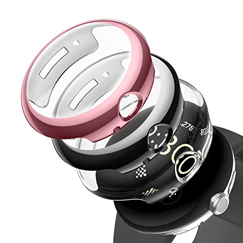 Fintie Hülle kompatibel mit Google Pixel Watch 2/1, [3 Stück] Ultradünne Leichte TPU Schutzhülle Displayschutz Schutz Gehäuse Abdeckung, 1 Schwarz + 1 Klar + 1 Rosa von FINTIE