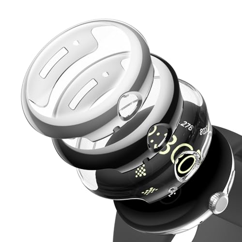 Fintie Hülle kompatibel mit Google Pixel Watch 2/1, [3 Stück] Ultradünne Leichte TPU Schutzhülle Displayschutz Schutz Gehäuse Abdeckung, 1 Schwarz + 1 Klar + 1 Silber von FINTIE