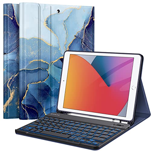 Fintie Hülle mit Tastatur für iPad 9. / 8. / 7. Generation (10.2 Zoll, 2021/2020/2019), Beleuchtete Magnetisch Abnehmbarer Tastatur mit Schutzhülle, Deutsches QWERTZ-Layout, Ozean Marmor von Fintie