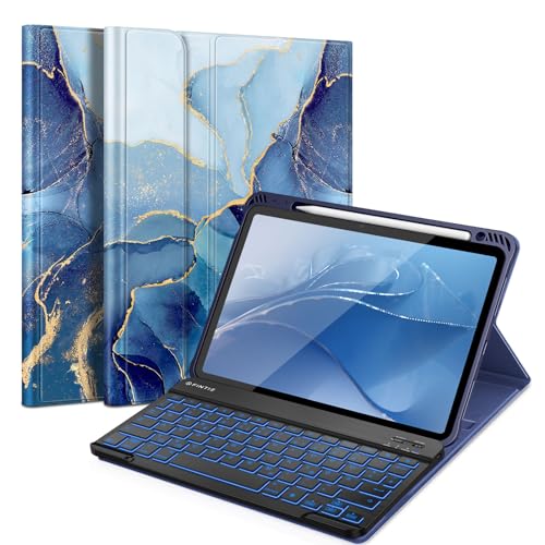 Fintie Tastatur Hülle für iPad Air 11 Zoll 2025/2024 (M3/M2), iPad Air 5 2022/ Air 4 10.9" - 7 Farben Beleuchtete Abnehmbare QWERTZ Keyboard, TPU Rückseite Schutzhülle mit Stifthalter, OzeanMarmor von FINTIE