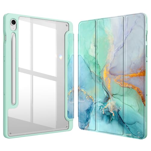 Fintie Hybrid Hülle für Samsung Galaxy Tab S10 FE/S9 FE 10.9"/S9 11" Tablet mit Stifthalter - Stoßfeste Schutzhülle mit Transparenter Hartschale auf der Rückseite, Smaragd Marmor von FINTIE