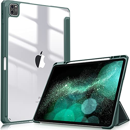 FINTIE Hybrid Hülle für iPad Pro 12.9 2022 (6. Generation)/ iPad Pro 12.9 2021/2020/2018 mit Stifthalter - Stoßfeste Schutzhülle mit transparenter Hartschale auf der Rückseite, Dunkelgrün von FINTIE