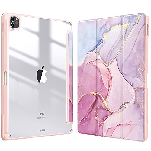 Fintie Hybrid Hülle für iPad Pro 12.9 2022 (6. Generation)/ iPad Pro 12.9 2021/2020/2018 mit Stifthalter - Stoßfeste Schutzhülle mit transparenter Hartschale auf der Rückseite, Rosa Marmor von Fintie