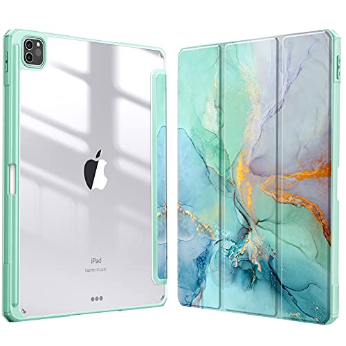 Fintie Hybrid Hülle für iPad Pro 12.9 2022 (6. Generation)/ iPad Pro 12.9 2021/2020/2018 mit Stifthalter - Stoßfeste Schutzhülle mit transparenter Hartschale auf der Rückseite, Smaragd Marmor von FINTIE
