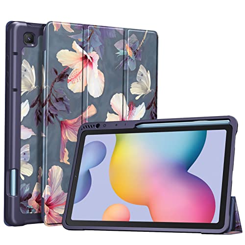 Fintie Samsung Galaxy Tab S6 Lite 10.4 Zoll 2024/2022/2020 Slim Hülle mit integriertem S Stifthalter, Smart Back Cover, Weiche TPU Rückschale, Auto Schlaf/Wach Funktion, Blumen Hibiskus von FINTIE