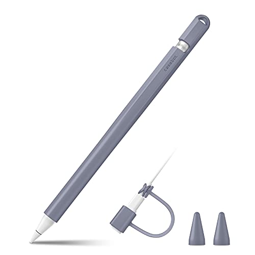 FINTIE Silikon Hülle Kompatibel mit Apple Pencil (1. Generation) - Ultra leichte Stifttasche, weiche schützende Griffhalterung mit 2 Spitzenabdeckung und 1 Cable Adapter Tether, Lavendel Grau von FINTIE