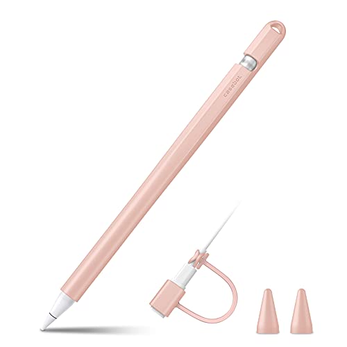 Fintie Silikon Sleeve Kompatibel mit Apple Pencil 1. Generation, Ultra Light Pen Skin Case Cover Weiche Schutzhülle Pencil Grip Halter mit 2 Federabdeckungen & Kabeladapter Tether, Pink Sand von FINTIE