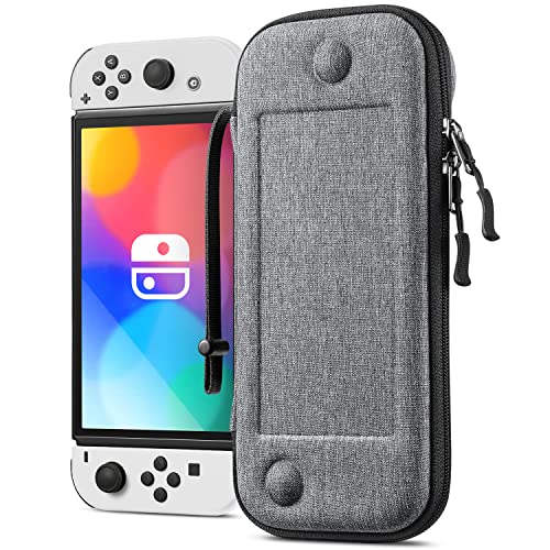 FINTIE Slim Tasche Kompatibel mit Nintendo Switch 2017/Switch OLED Modell 2021 - [Ultradünn] Stoßfeste Hartschalen Tragetasche mit 10 Spielkartenhaltern für Switch Konsole Joy-Con, Grau von FINTIE