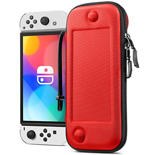Fintie Slim Tasche Kompatibel mit Nintendo Switch/Switch OLED Modell - [Ultradünn] Stoßfeste Hartschalen Tragetasche mit 10 Spielkartenhaltern für Switch Konsole Joy-Con, Rot von Fintie