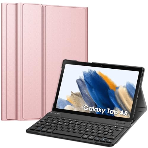 Fintie Tastatur Hülle für Samsung Galaxy Tab A8 10.5 Zoll 2022/2021 SM-X200/X205/X207 - Keyboard Cover mit Magnetisch Abnehmbarer Deutsches Layout Tastatur, Roségold/Schwarz Tastatur von Fintie