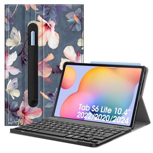 Fintie Tastatur Hülle für Samsung Galaxy Tab S6 Lite 10,4 Zoll 2024/2022/2020 Tablet - Keyboard Cover mit Magnetisch Abnehmbarer Deutscher Bluetooth Tastatur, Hibiskus von Fintie