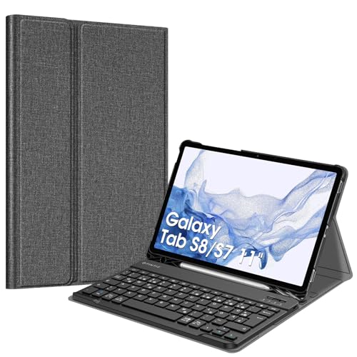 Fintie Tastatur Hülle für Samsung Galaxy Tab S8 11 Zoll 2022 /S7 11 Zoll 2020 Tablet, Keyboard Cover mit Magnetisch Abnehmbarer Deutscher Bluetooth Tastatur, Jeansoptik Dunkelgrau von Fintie