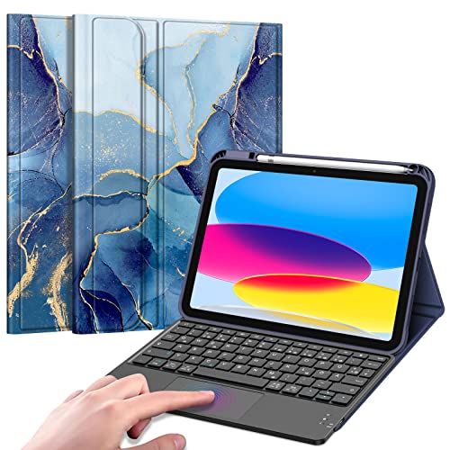 Fintie Tastatur Hülle für iPad 10. Generation 2022, iPad 10 Generation Hülle mit magnetisch Abnehmbarer Deutscher Tastatur und Touchpad Keyboard mit QWERTZ Layout, Ozean Marmor von Fintie
