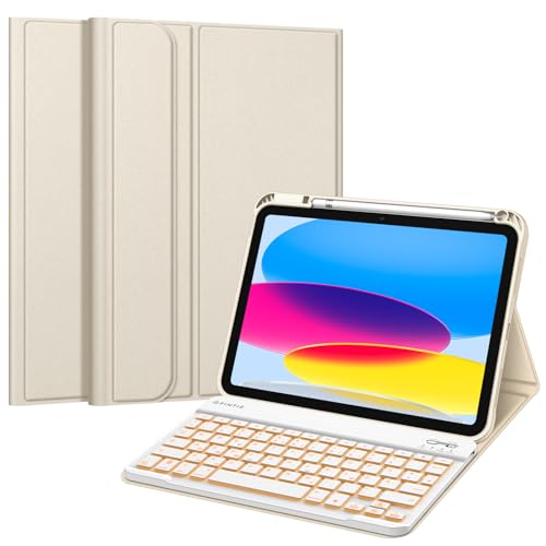 Fintie Tastatur Hülle für iPad 10. Generation 2022 (10.9 Zoll), Keyboard Case mit 7-farbig Beleuchteter Magnetischer Abnehmbarer Deutscher Tastatur, Champagner von Fintie