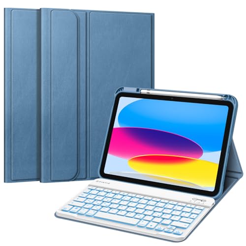Fintie Tastatur Hülle für iPad 10. Generation 2022 (10.9 Zoll), Keyboard Case mit 7-farbig Beleuchteter Magnetischer Abnehmbarer Deutscher Tastatur, Dunstblau von Fintie