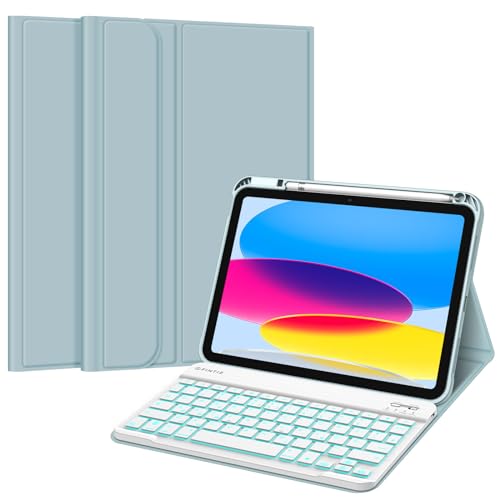 Fintie Tastatur Hülle für iPad 10. Generation 2022 (10.9 Zoll), Keyboard Case mit 7-farbig Beleuchteter Magnetischer Abnehmbarer Deutscher Tastatur, Eisblau von Fintie