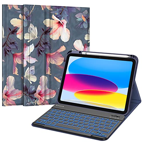 Fintie Tastatur Hülle für iPad 10. Generation 2022 (10.9 Zoll), Keyboard Case mit 7-farbig Beleuchteter Magnetischer Abnehmbarer Deutscher Tastatur, Hibiskus von Fintie
