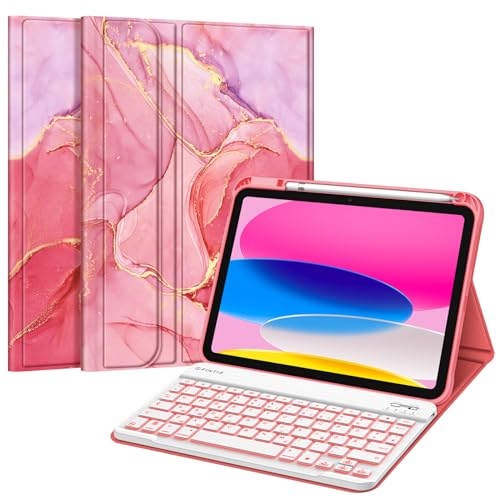 Fintie Tastatur Hülle für iPad 10. Generation 2022 (10.9 Zoll), Keyboard Case mit 7-farbig Beleuchteter Magnetischer Abnehmbarer Deutscher Tastatur, Marmor Pink von Fintie
