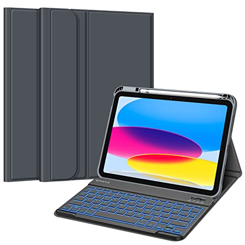 Fintie Tastatur Hülle für iPad 10. Generation 2022 (10.9 Zoll), Keyboard Case mit 7-farbig Beleuchteter Magnetischer Abnehmbarer Deutscher Tastatur, Space Grau von Fintie