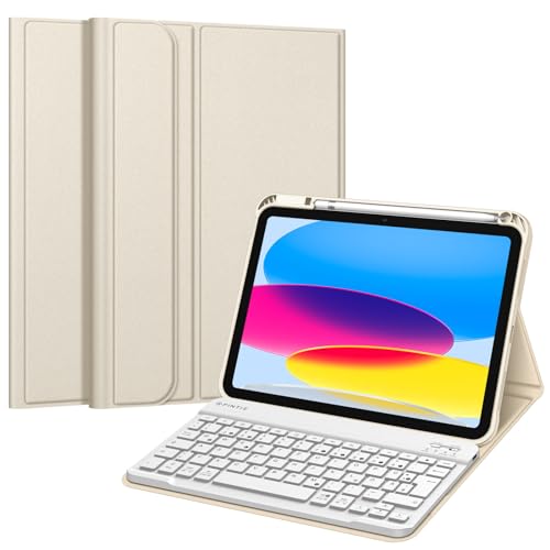 Fintie Tastatur Hülle für iPad 10. Generation 2022 (10.9 Zoll), Schutzhülle mit TPU Rückschale, Pencil Halter und magnetisch Abnehmbarer Tastatur mit QWERTZ Layout, Champagner von Fintie