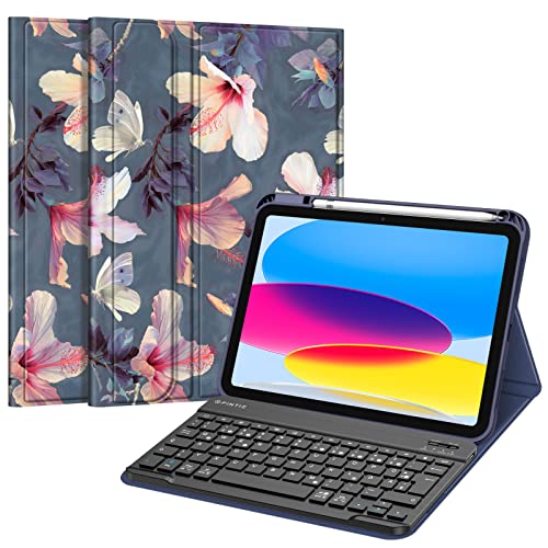 Fintie Tastatur Hülle für iPad 10. Generation 2022 (10.9 Zoll), Schutzhülle mit TPU Rückschale, Pencil Halter und magnetisch Abnehmbarer Tastatur mit QWERTZ Layout, Hibiskus von Fintie