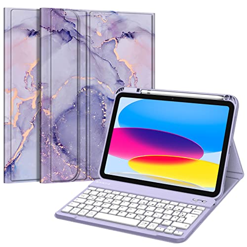 Fintie Tastatur Hülle für iPad 10. Generation 2022 (10.9 Zoll), Schutzhülle mit TPU Rückschale, Pencil Halter und magnetisch Abnehmbarer Tastatur mit QWERTZ Layout, Lila von Fintie