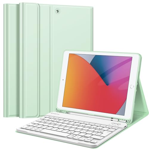 Fintie Tastatur Hülle für iPad 10.2 Zoll (9/8/ 7 Generation - 2021/2020/2019), Schutzhülle mit TPU Rückschale, Pencil Halter und magnetisch Abnehmbarer Tastatur mit QWERTZ Layout, Grün von Fintie