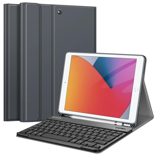 FINTIE Tastatur Hülle für iPad 10.2 Zoll (9/8/ 7 Generation - 2021/2020/2019), Schutzhülle mit TPU Rückschale, Pencil Halter und magnetisch Abnehmbarer Tastatur mit QWERTZ Layout, Himmelgrau von FINTIE
