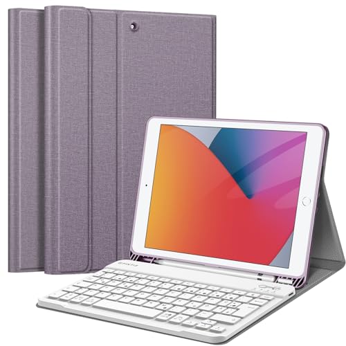 Fintie Tastatur Hülle für iPad 10.2 Zoll (9/8/ 7 Generation - 2021/2020/2019), Schutzhülle mit TPU Rückschale, Pencil Halter und magnetisch Abnehmbarer Tastatur mit QWERTZ Layout, Lavendel von Fintie