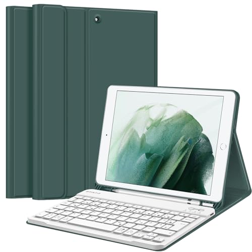 Fintie Tastatur Hülle für iPad 10.2 Zoll (9/8/ 7 Generation - 2021/2020/2019), Schutzhülle mit TPU Rückschale, Pencil Halter und magnetisch Abnehmbarer Tastatur mit QWERTZ Layout, Nachtgrün von Fintie
