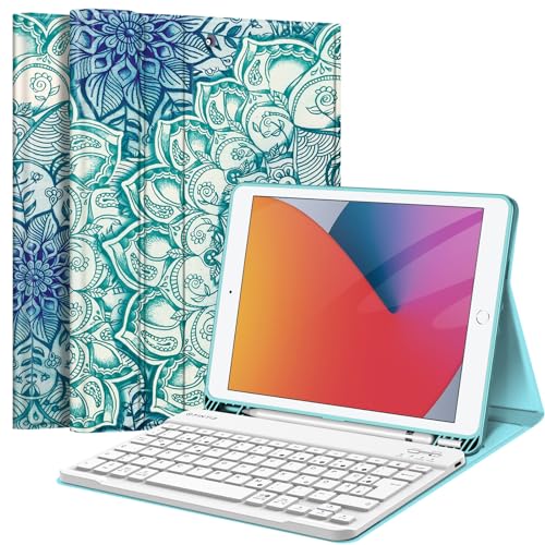 Fintie Tastatur Hülle für iPad 10.2 Zoll (9/8/ 7 Generation - 2021/2020/2019), Schutzhülle mit TPU Rückschale, Pencil Halter und magnetisch Abnehmbarer Tastatur mit QWERTZ Layout, smaragdblau von Fintie