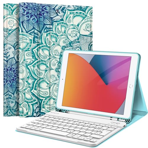 Fintie Tastatur Hülle für iPad 10.2 Zoll (9/8/ 7 Generation - 2021/2020/2019), Schutzhülle mit TPU Rückschale, Pencil Halter und magnetisch Abnehmbarer Tastatur mit QWERTZ Layout, smaragdblau von FINTIE