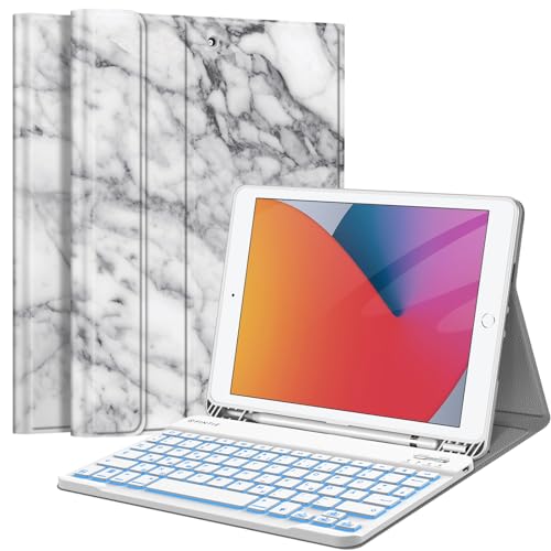 Fintie Tastatur Hülle für iPad 9 8 7 Generation (2021/2020/2019) 10.2 Zoll, 7-farbig beleuchtete abnehmbare Tastatur mit Schutzhülle, QWERTZ Layout, Marmor Weiß von Fintie