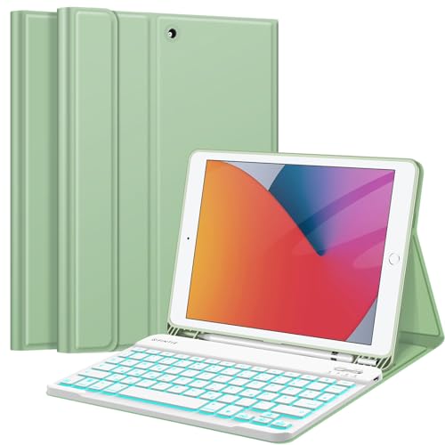 Fintie Tastatur Hülle für iPad 9 8 7 Generation (2021/2020/2019) 10.2 Zoll, 7-farbig beleuchtete abnehmbare Tastatur mit Schutzhülle, QWERTZ Layout, Pastellgrün von Fintie