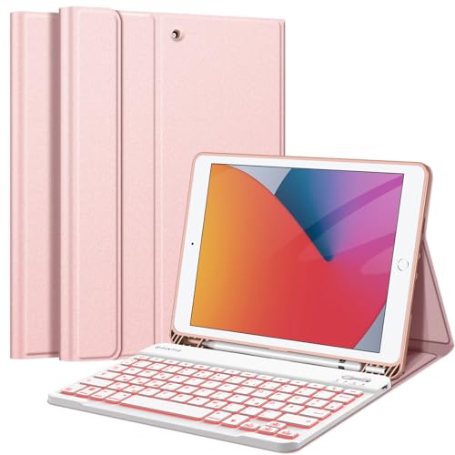 Fintie Tastatur Hülle für iPad 9 8 7 Generation (2021/2020/2019) 10.2 Zoll, 7-farbig beleuchtete abnehmbare Tastatur mit Schutzhülle, QWERTZ Layout, Roségold von Fintie