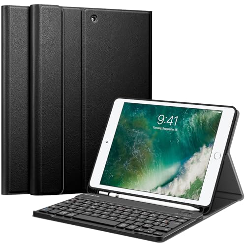 FINTIE Tastatur Hülle für iPad 9.7 2018 (6. Generation), Soft TPU Rückseite Gehäuse Keyboard Case mit eingebautem Pencil Halter, magnetisch Abnehmbarer Bluetooth Tastatur [AZERTY Français], Schwarz von FINTIE