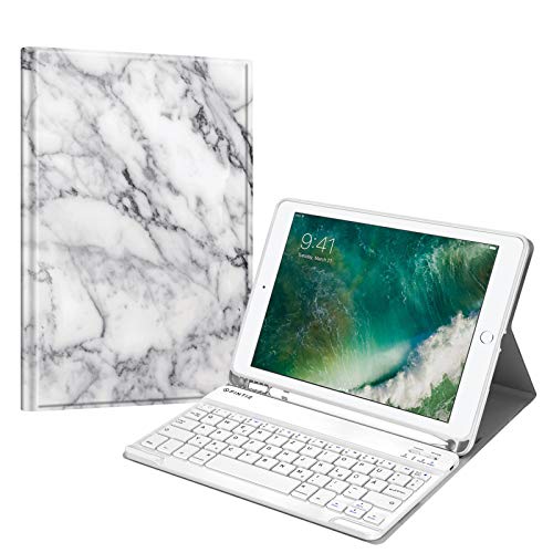 Fintie Tastatur Hülle für iPad 9.7 2018 (6. Generation), Soft TPU Rückseite Gehäuse Keyboard Case mit eingebautem Pencil Halter, magnetisch Abnehmbarer QWERTZ Bluetooth Tastatur, Marmor Weiß von Fintie