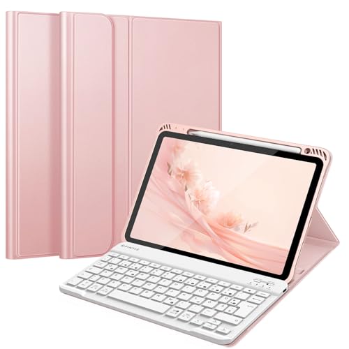 Fintie Tastatur Hülle für iPad Air 11 Zoll M3/M2 (2025/2024), iPad Air 5/4 Generation 10.9"(2022/2020), TPU Rückschale Schutzhülle mit Stifthalter, magnetisch Abnehmbarer QWERTZ Keyboard, Roségold von FINTIE