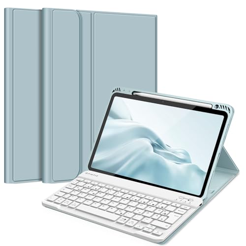 Fintie Tastatur Hülle für iPad Air 11 Zoll 2024, iPad Air 5. Generation/iPad Air 4 10.9 Zoll, Schutzhülle mit TPU Rückschale und magnetisch Abnehmbarer Tastatur (QWERTZ Layout), Eisblau von Fintie