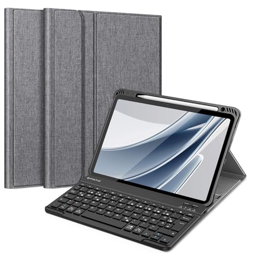Fintie Tastatur Hülle für iPad Air 11 Zoll 2024, iPad Air 5. Generation/iPad Air 4 10.9 Zoll, Schutzhülle mit TPU Rückschale und magnetisch Abnehmbarer Tastatur (QWERTZ Layout), Grau von Fintie