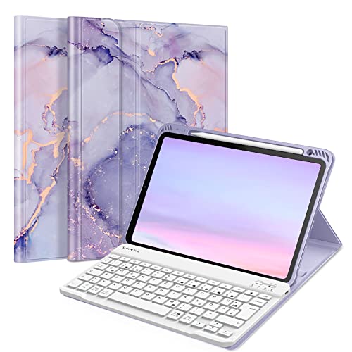 Fintie Tastatur Hülle für iPad Air 5 2022 / iPad Air 4 2020 10.9 Zoll, Schutzhülle mit TPU Rückschale, Pencil Halter und magnetisch Abnehmbarer Tastatur mit QWERTZ Layout, Lila Marmor von Fintie