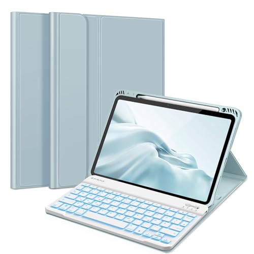 FINTIE Tastatur Hülle für iPad Air 11 Zoll 2024, iPad Air 5/4 Hülle mit Tastatur 2022/2020 10.9" - Magnetisch Abnehmbarer Keyboard mit DIY Hintergrundbeleuchtung, Deutsches QWERTZ Layout, Eisblau von FINTIE