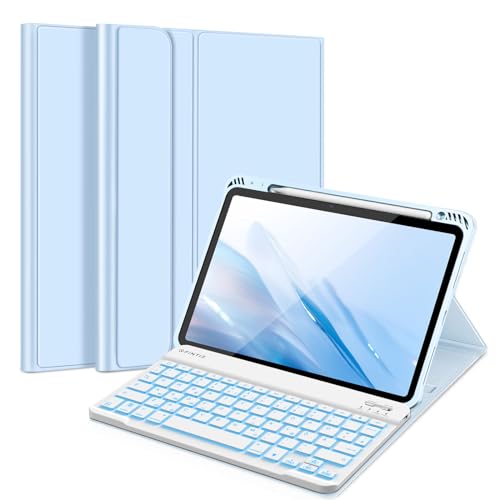 Fintie Tastatur Hülle für iPad Air 5 2022 / iPad Air 4 Hülle mit Tastatur 2020 - Magnetisch Abnehmbarer Keyboard mit DIY Hintergrundbeleuchtung, Deutsches QWERTZ Layout, Himmelblau von Fintie