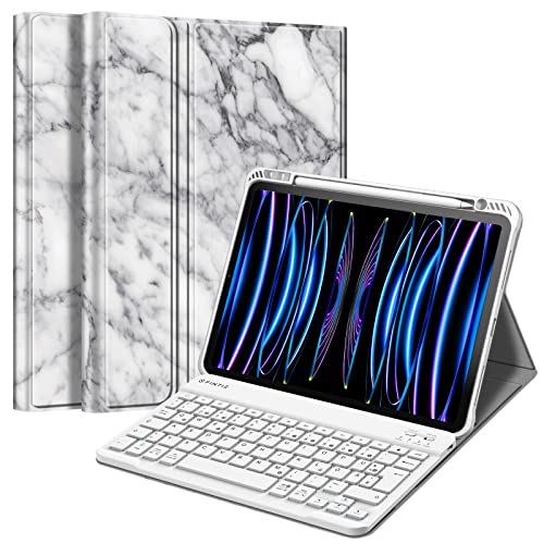 Fintie Tastatur Hülle für iPad Pro 11 2022 (4. Generation)/ iPad Pro 11 2021(3. Generation)/ 2020/2018, Keyboard case mit magnetisch Abnehmbarer Deutscher Tastatur mit QWERTZ Layout, Marmor Weiß von Fintie