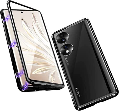 Fiokxie Hülle kompatibel mit Honor 70- Handyhüllen Magnetische Metallrahmen Case Camera Lens Protector Transparent Gehärtetes Glas Schutzhülle 360 Grad Cover Kratzfest [Kamera Schutzfolie],Schwarz von Fiokxie