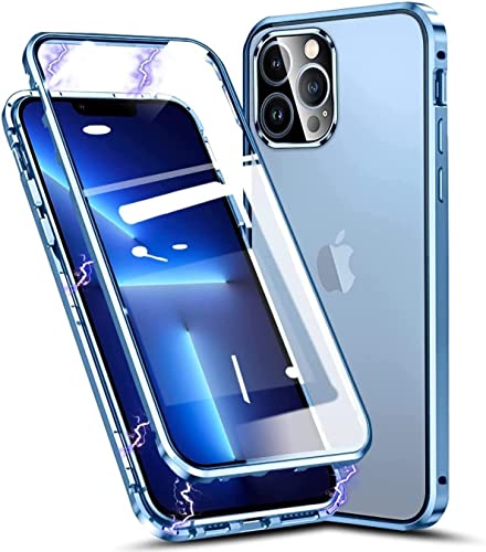 Hülle kompatibel mit iPhone 14 Pro Max- Handyhüllen Magnetische Metallrahmen Case Camera Lens Protector Transparent Gehärtetes Glas Schutzhülle 360 Grad Cover Kratzfest [Kamera Schutzfolie],Blau von Fiokxie