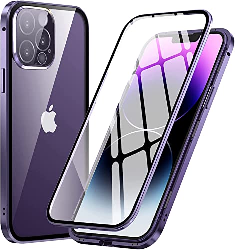 Hülle kompatibel mit iPhone 14 Pro Max- Handyhüllen Magnetische Metallrahmen Case Camera Lens Protector Transparent Gehärtetes Glas Schutzhülle 360 Grad Cover Kratzfest [Kamera Schutzfolie],Violett von Fiokxie